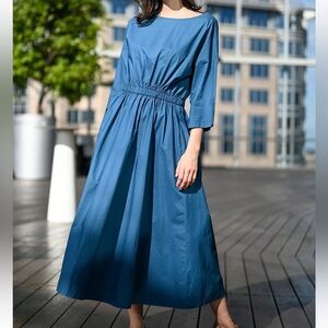 WYATT WYLDE Blue Draper Dress Solid 3/4 Sleeve 100% Cotton Midi Minimalist Small